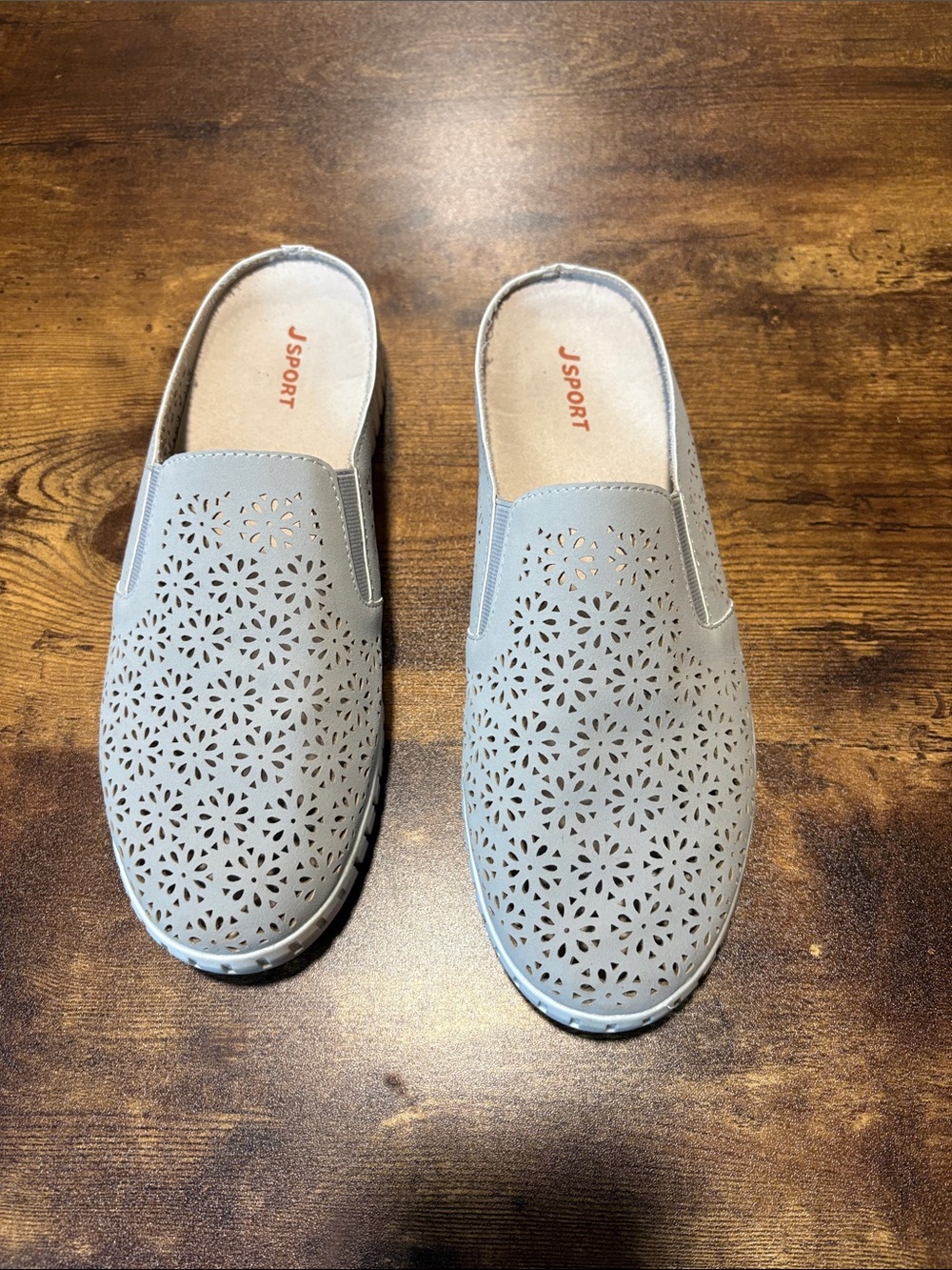JSPORT Light Gray Laser-Cut Slip-On Mules
